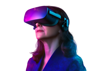 A woman wearing a virtual reality (VR) headset, set against a transparent background