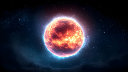 Fototapeta premium Fiery Red Star in a Dark Space with Blue Nebula Clouds