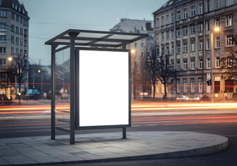 blank vertical billboard at city bus stop with motion blur of traffic and evening urban lights

