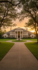 Grand mansion framed by trees under the glow of a vibrant sunset sky