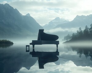 Piano reflection misty mountains lake