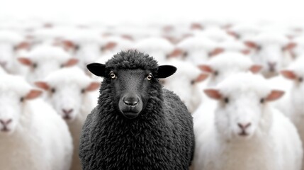 Fototapeta premium One Black Sheep Among White Sheep - A single black sheep stands out amongst a crowd of white sheep. A concept of individuality and difference