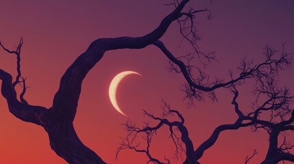 Crescent moon framed by gnarled branches against a vibrant sunset