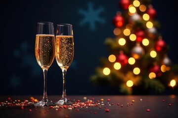 Two champagne glasses, illuminated Christmas tree, confetti burst, dark backdrop , festive banner, winter drinks, bokeh