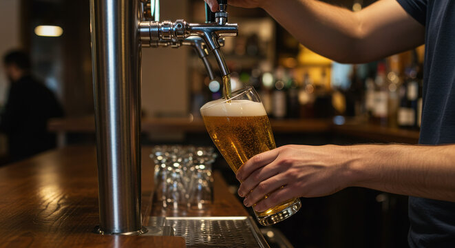 Pouring beer from a tap into a glass at a bar counter during a social gathering
