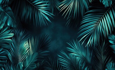 Tropical leaves frame dark background