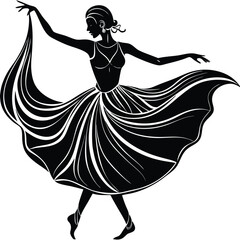 Silhouette of a Dancing Woman in Flowing Dress: Elegant Vector Illustration of a Female Dancer in Motion, Black and White Art