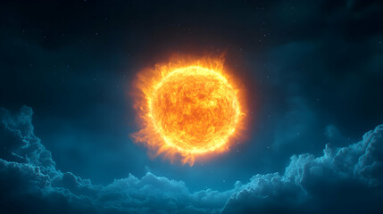 Fiery Sun in a Night Sky with Blue Clouds