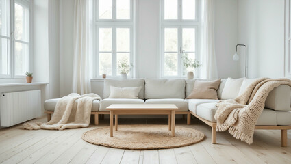 Fototapeta premium Cozy Living Room Interior with Neutral Decor