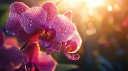 Fototapeta na wymiar Pink orchids in morning light, covered in dew drops