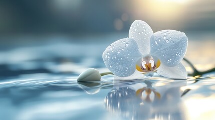 Obraz na płótnie Canvas Delicate white orchid on water, serene sunrise