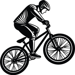 Mountain Biker Vector Illustration: Black and White Clip Art of Cyclist Jumping on Bike for Sport, Adventure, and Recreation Designs