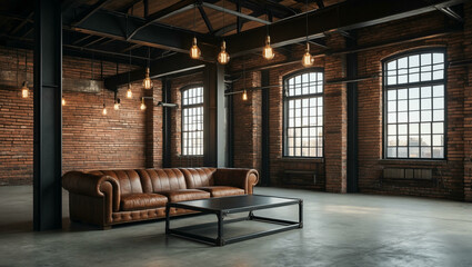 Fototapeta premium Industrial Loft Interior with Leather Sofa and Exposed Brick