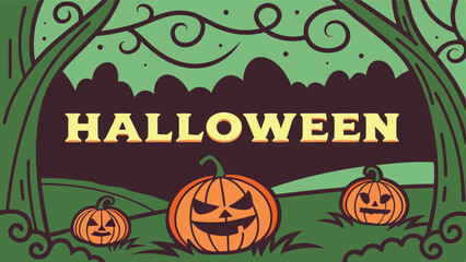 Spooky Halloween Scene with Jack-o'-Lanterns in a Forest Setting