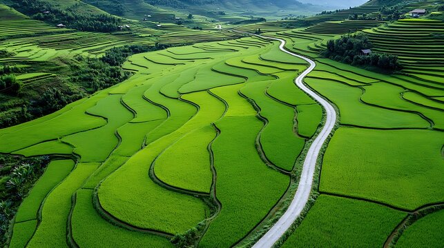 Aerial View of Lush Green Rice Terraces and Winding Road