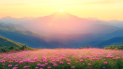 Fototapeta premium A stunning mountain sunset overlooking a field of pink flowers