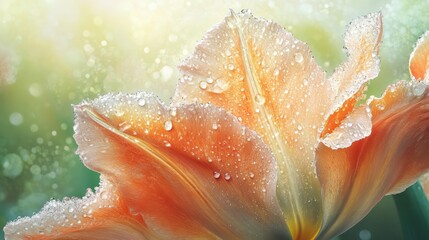 Dew-kissed tulip petals in soft peachy hues, vibrant with morning light and delicate water droplets