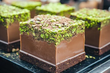 Chocolate dessert cubes layered with pistachios