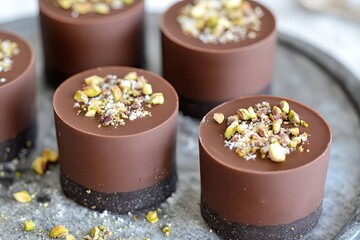 Chocolate dessert cups topped with pistachios