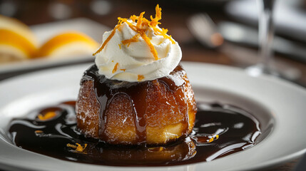 Delicious rum baba dessert with whipped cream and orange zest gourmet food photography and recipe ideas
