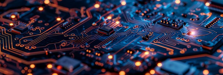 Close-up macro view of a computer circuit board with glowing orange pathways and blue highlights. Technology hardware, data processing, and electronics concept.
