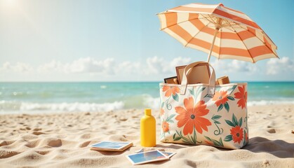 Colorful beach bag with floral design and yellow sunscreen bottle beside photos on sandy beach under striped umbrella, summer concept of travel or vacation