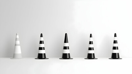 Five Black And White Traffic Cones On White Background