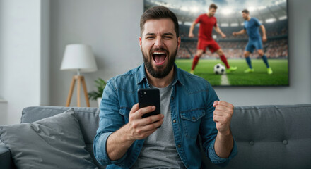Excited man celebrating big money win with mobile phone app watching football match on TV at home. Concept of online sports betting, money prize, gambling victory, soccer fan happiness. Copy space