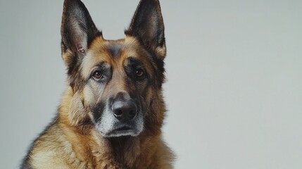 Portrait of a calm and noble German Shepherd with a focused expression on a plain white background.