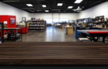 Empty brown wooden table in a blurred printing shop
