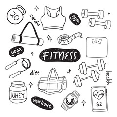 set of hand drawn fitness doodle