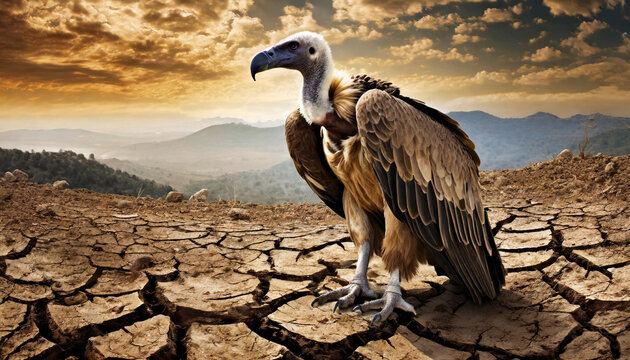 Big vulture bird standing on dry cracked mud soil in desert-like landscape background