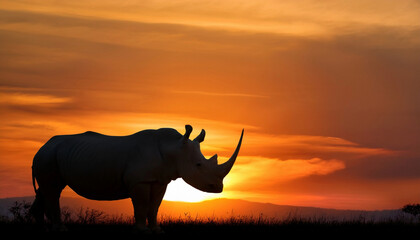 Fototapeta premium Beautiful rhinoceros standing in the african sunset with safari vibe and nice background landscape