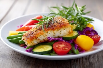Roasted Fish with Colorful Vegetables - Delicious pan-seared fish fillet atop a vibrant mix of roasted vegetables. Healthy and flavorful meal