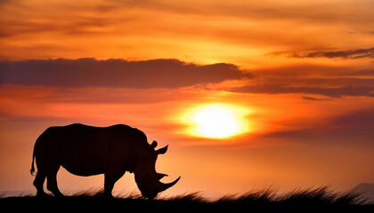 Beautiful rhinoceros standing in the african sunset with safari vibe and nice background landscape