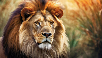 Fototapeta premium Majestic lion, king of the jungle portrait on a beautiful background landscape scenery