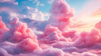 Dreamlike cotton candy cloudscape with pastel hues, fluffy textures and ethereal light