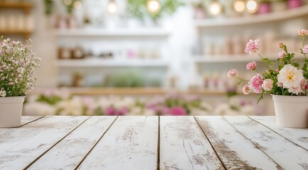 White wooden table with flowers and blurred background