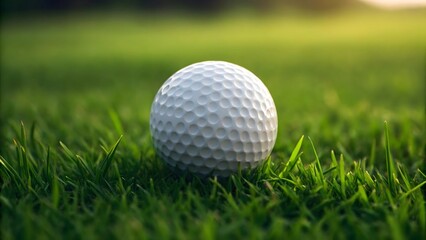 Obraz premium White golf ball on green grass with sunlight in background