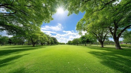 Fototapeta premium Serene Green Park Landscape - Lush green park with vibrant trees under a bright sunny sky. Perfect for nature, tranquility, and outdoor themes