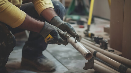 Construction Worker Assembling PVC Pipes