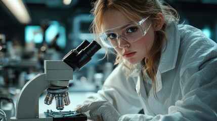 Woman scientist using microscope in lab.  Possible use Education, science