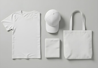 high quality isolated flat lay mockup of white promotional items including cotton t-shirt hat tote bag and textile squares

