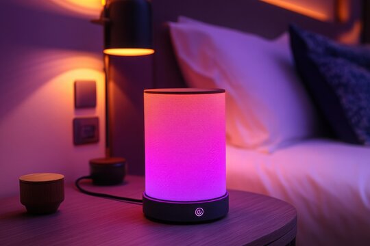 Nightstand lamp glows with ambient pink and purple light in cozy bedroom scene