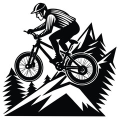 Fototapeta premium Mountain Biker Silhouette: Extreme Sport Illustration of Cyclist Jumping on Mountain Bike over Peaks and Trees - Vector Graphic