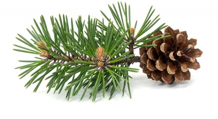 Detailed Botanical Real Shot of Pine Pinus Sylvestris Focusing on Needle Clusters and Cone Morphology Isolated on White Perfect for Educational Botanical Reference and Seasonal Decoration