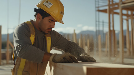 Construction Worker Sanding Wood at Site