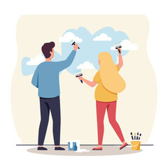 Couple painting clouds on wall together in casual home renovation scene vector illustration 
