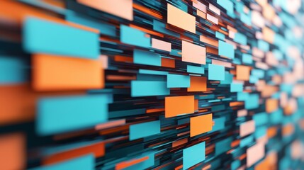 A colorful abstract design featuring layered rectangular shapes in blue, orange, and white, creating a dynamic and visually engaging composition.