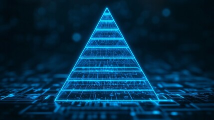 A glowing blue pyramid with layered structures, set against a digital background, symbolizes technology and innovation.